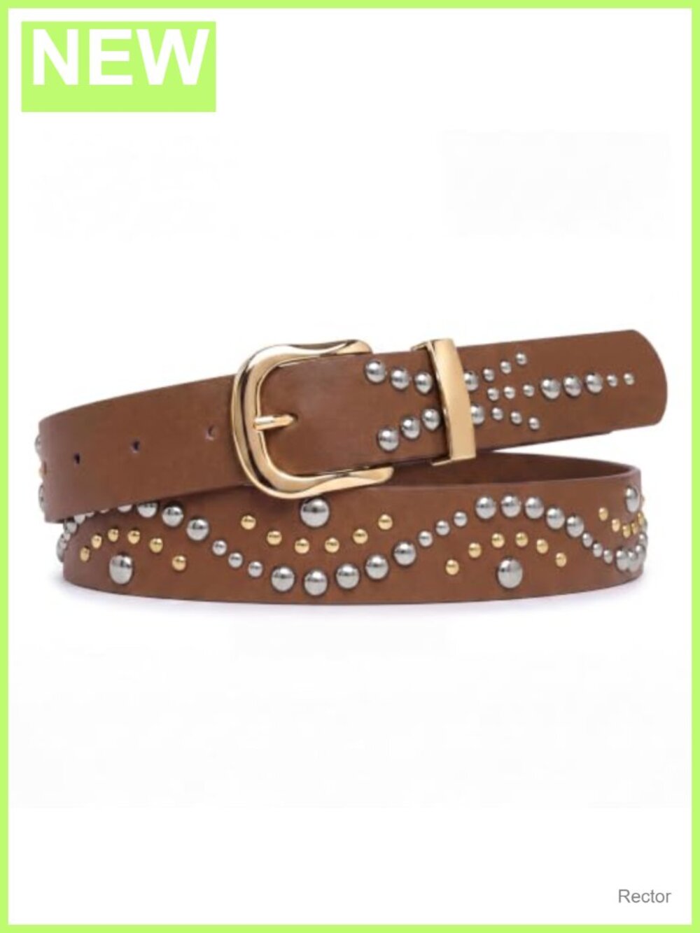 Studded Faux Leather Belt with Gold Buckle for Women